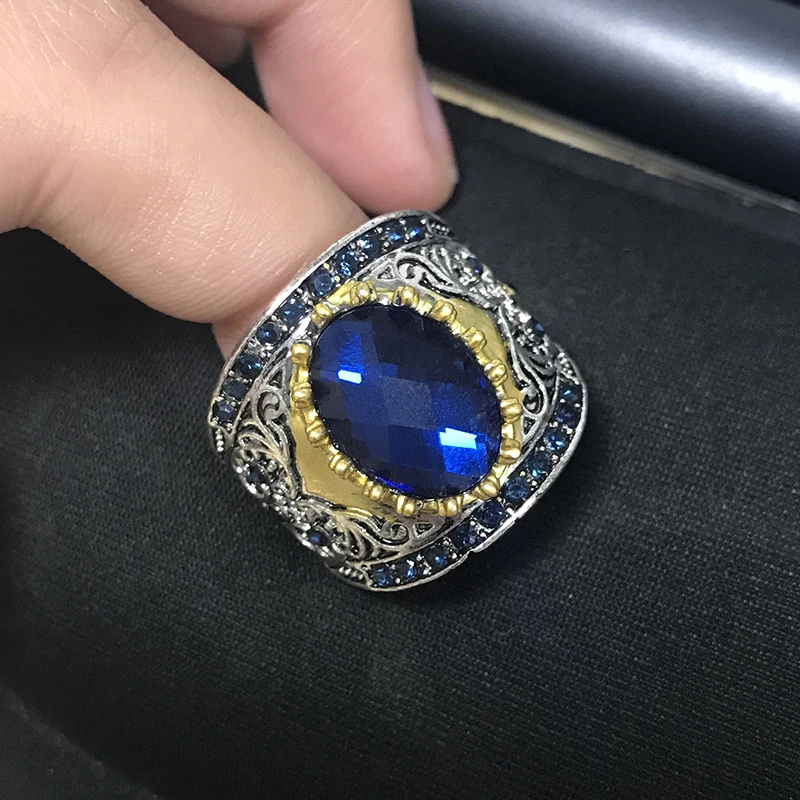 Большой синий циркониевый камень CZ винтажные цветные кольца для мужчин женщин