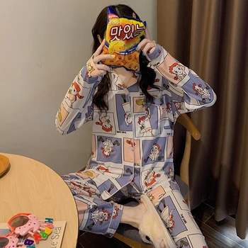 Pajama Sets Women Full-length Leisure Cartoon Printed Fashion Nightwear Female Comfortable Skin-friendly Soft Loose Korean Chic 
Pajama Sets Women Full-length Leisure Cartoon Printed Fashion Nightwear Female Comfortable Skin-friendly Soft Loose Korean Chic