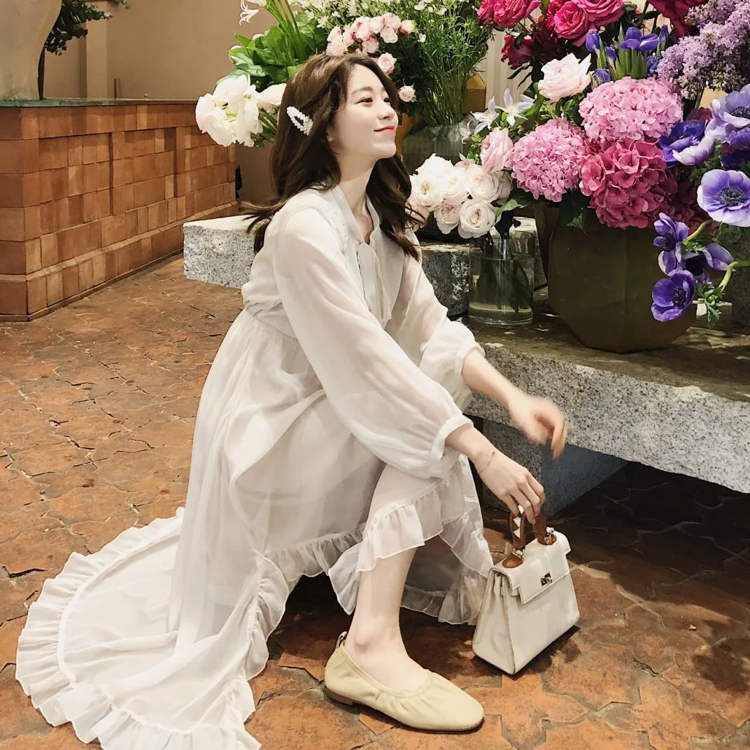Photo Shoot Very Fairy of INS Sweet Frilled Chiffon Beige Apricot Long Lace-up Bow High-waisted Dress Women's 
Photo Shoot Very Fairy of INS Sweet Frilled Chiffon Beige Apricot Long Lace-up Bow High-waisted Dress Women's