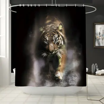 4 Pcs/Set Animals Wolf, Tiger, Peacock, Lion Shower Curtain Bath Rug Set Toilet Cover Bath Mat Set Bathroom Accessories Curtains