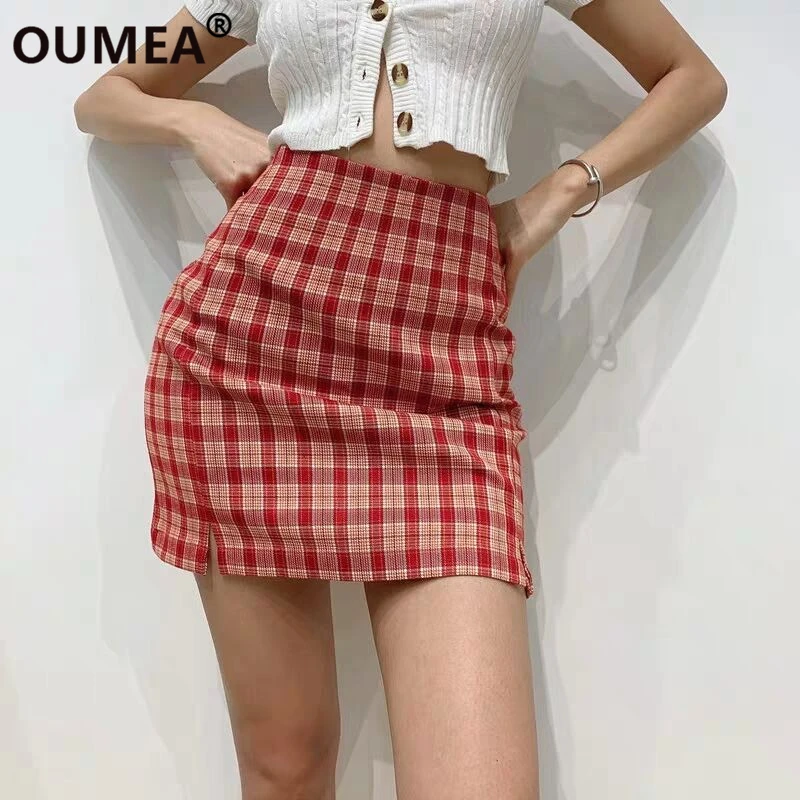 

OUMEA Casual Summer Vintage Plaid Skirt Female College Girls Skirt High Waist Skirt Lined Inside Pant Going Out Beach Skirt