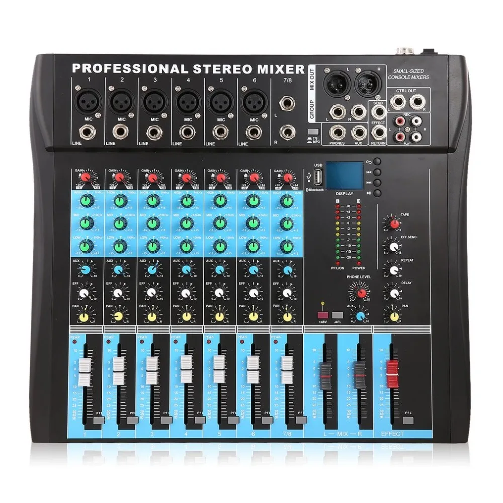 8 Channel (6Mono + 2Stereo) Stereo Mixer USB Studio Audio Sound Console Network Anchor Device Vocal Effect Party USB DJ Mixer
8 Channel (6Mono + 2Stereo) Stereo Mixer USB Studio Audio Sound Console Network Anchor Device Vocal Effect Party USB DJ Mixer