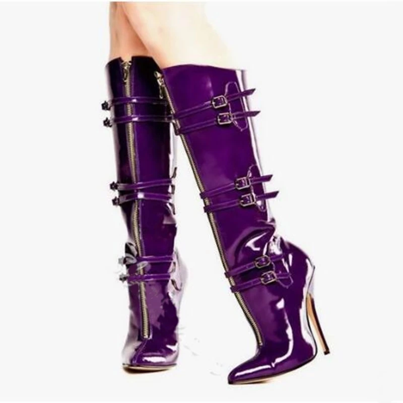Purple Patent Leather Multi- Buckle Winter Boots Woman Pointed Toe Knee-High Dress Dance Boots Super High Thin Heels Women Shoes
Purple Patent Leather Multi- Buckle Winter Boots Woman Pointed Toe Knee-High Dress Dance Boots Super High Thin Heels Women Shoes