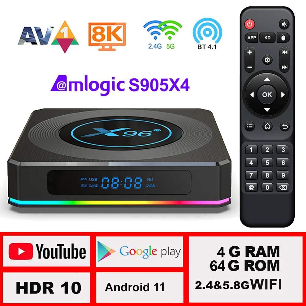 X96 X4 Android TV Box 11 2021 New 8G 64GB LEMFO Smart with WIFI 5G Amlogic S905x4 Google Voice Set Top 10 | Электроника