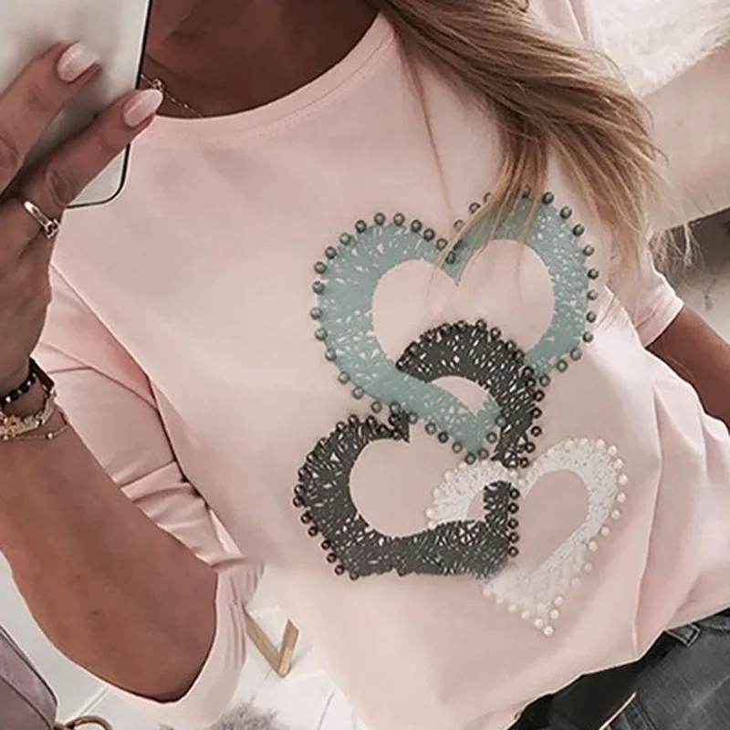 Фото Женский Однотонный пуловер с длинным рукавом и принтом сердечек | Женская одежда