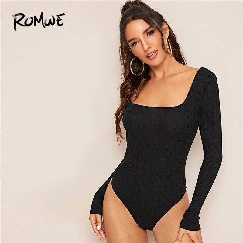 

ROMWE Rib-Knit Form Fitted Black Bodysuit Women Fall Casual Square Neck Long Sleeve Bodysuit Basic Solid Bodysuits Jumpsuit