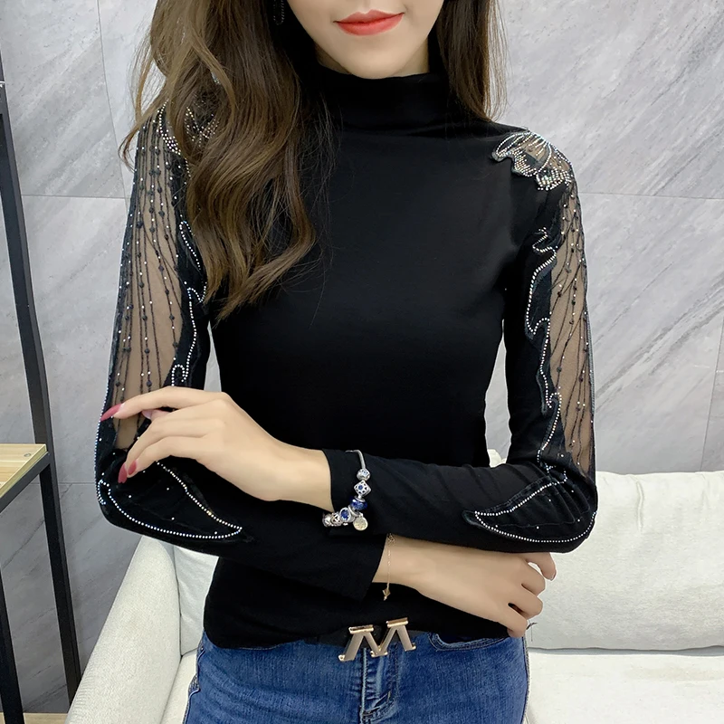

#5539 Black Turtleneck T Shirt For Women Spliced Mesh Hollow Out Sexy Top Female Slim Fashion T Shirt For Girl With Diamonds