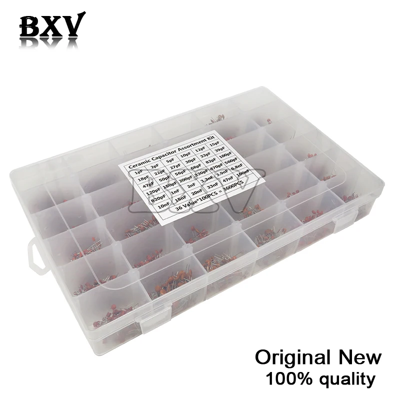 

3600PCS/LOT 1Pf-100Nf Ceramic Capacitor Assortment Kit 10PF 22PF 33PF 47PF 100PF 330PF 470PF 1NF 10NF 47NF 50V Capacitors Set