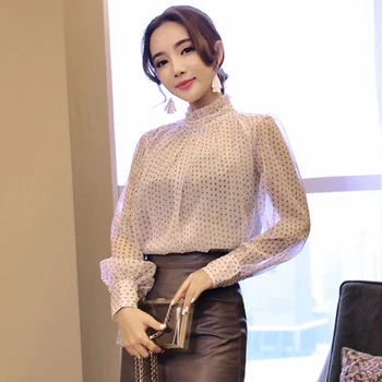 2020 women transparent blouse autumn oversize shirts o neck long sleeve white dot print solid office ladies tops bluzki damskie 
2020 women transparent blouse autumn oversize shirts o neck long sleeve white dot print solid office ladies tops bluzki damskie