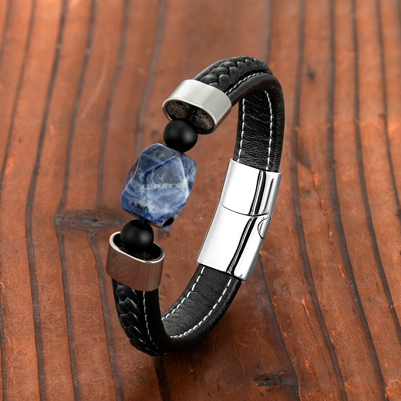 Фото Модный мужской браслет с ромбовидным натуральным голубым камнем из