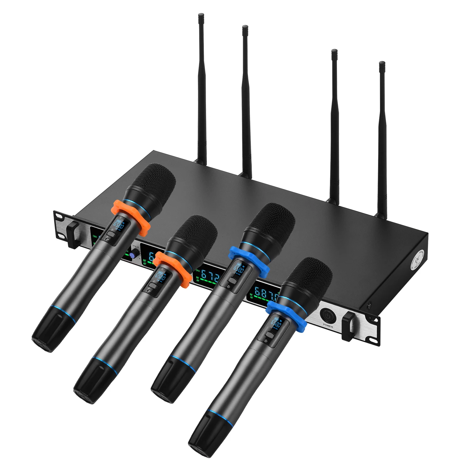 Professional Wireless Microphone System 4-Channel UHF Cordless Mic Set with 4 Handheld Mics & 1 Rack-Mount Receiver for Karaoke
Professional Wireless Microphone System 4-Channel UHF Cordless Mic Set with 4 Handheld Mics & 1 Rack-Mount Receiver for Karaoke