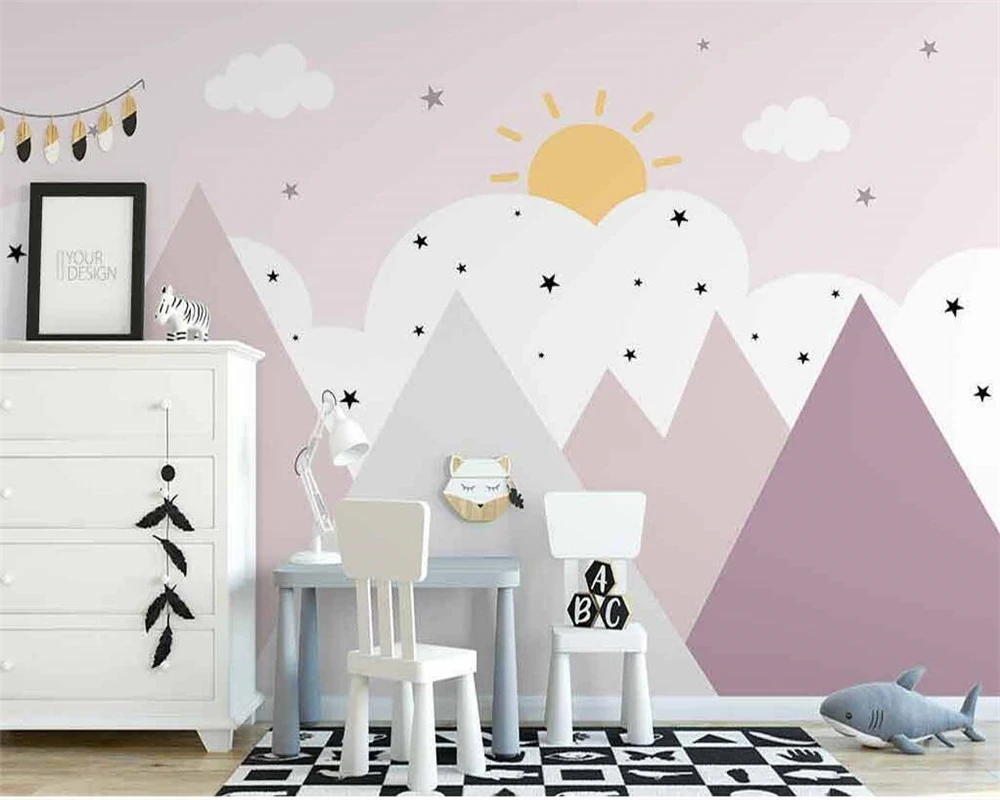 

beibehang Customize new papier peint Nordic hand-painted abstract mountain peak clouds simple children background wallpaper