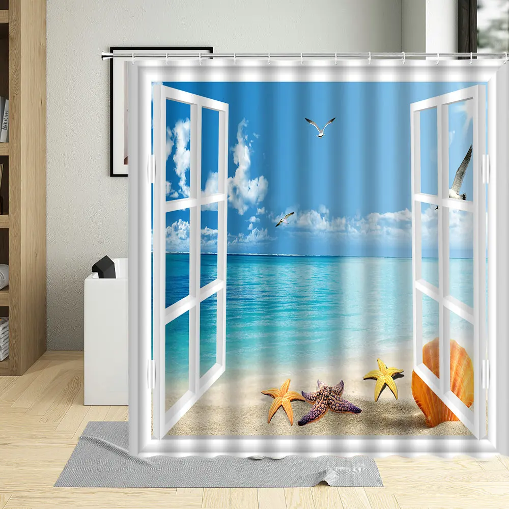 

3D Window Sandy Beach Shower Curtain Landscape The Sea Waterfall Tree Bathroom Bathtub Home Waterproof Polyester With Hook