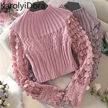 2020 New Spring Autumn Women Knitted Pullovers Mesh Patchwork Sweater Female Hollow Out Puff Sleeve Knitwear Short Tops
2020 New Spring Autumn Women Knitted Pullovers Mesh Patchwork Sweater Female Hollow Out Puff Sleeve Knitwear Short Tops