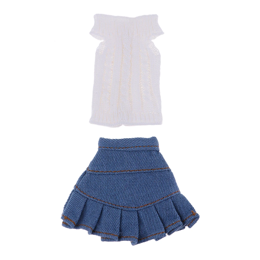 Stylish 2pcs Clothes Suit for 1/6 Blythe Licca OB Girl My Life Dolls Knit Sweater Denim Skirt White & Blue Stylish 2pcs Clothes Suit for 1/6 Blythe Licca OB Girl My Life Dolls Knit Sweater Denim Skirt White & Blue