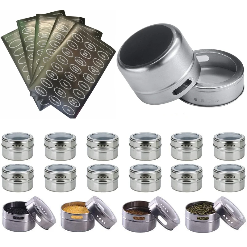 Magnetic Spice Jar with Labels Stickers Stainless Steel Seasoning Tins Spice Storage Container Pepper Sprays Tools
Magnetic Spice Jar with Labels Stickers Stainless Steel Seasoning Tins Spice Storage Container Pepper Sprays Tools