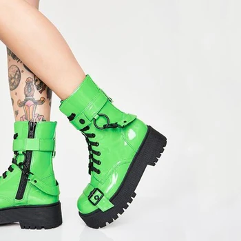 Fluorescent Green Punk Booties Thick Heel Round Toe Metal Decor High Vamp Casual Shoes Patent Leather Street Lace Up Flat shoes
Fluorescent Green Punk Booties Thick Heel Round Toe Metal Decor High Vamp Casual Shoes Patent Leather Street Lace Up Flat shoes