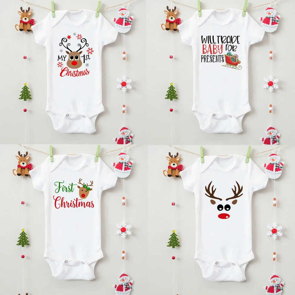 

My First Christmas/ Will Trade Baby for Presents Baby Holiday Bodysuits Toddler Baby Jumpsuit Short Sleeve Ropa Drop Ship