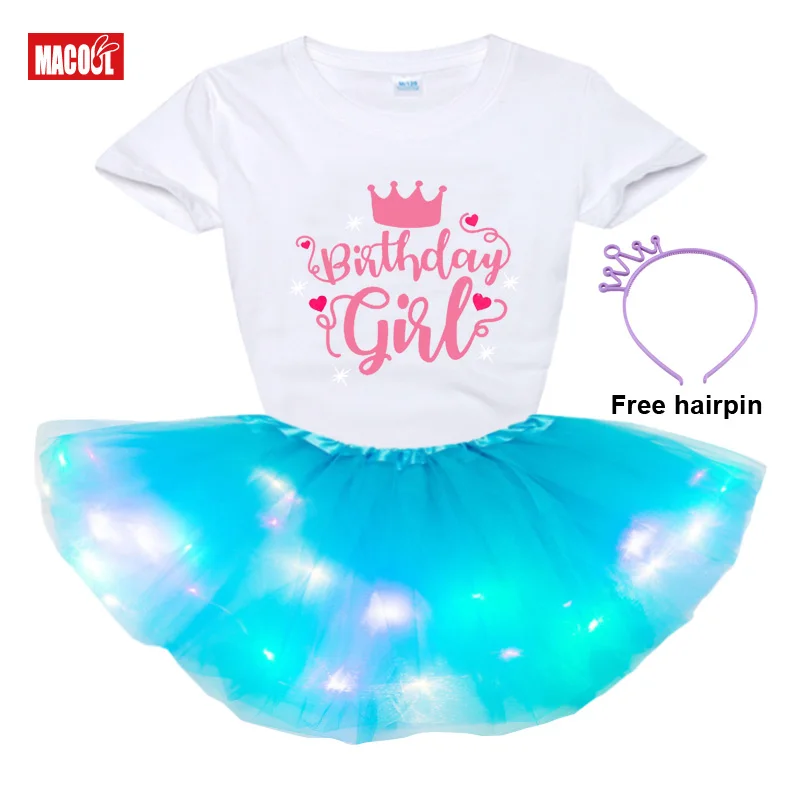 

2021 Summer Girl Dress Set Girl Short Sleeve T-shirt+luminous Skirt+hairpin 3pc Set Design Your Name and Number Birthday Present