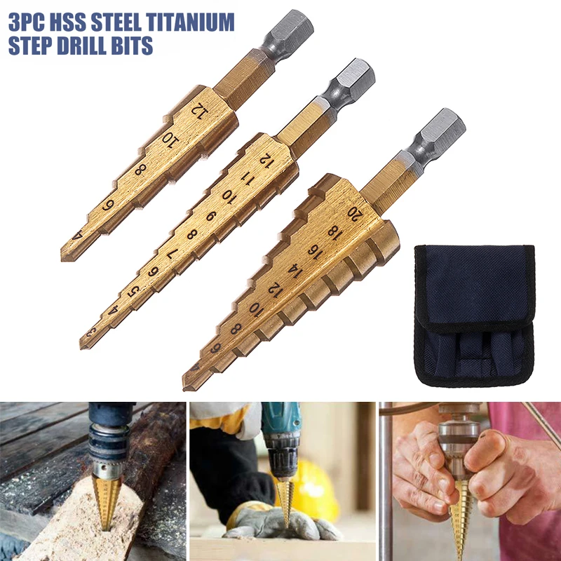 3Pcs HSS Metal Drill Hole Cutter Bit Set Two Flute Hex Shank Titanium Step Drill Home DIY Construction Tool With Pouch
3Pcs HSS Metal Drill Hole Cutter Bit Set Two Flute Hex Shank Titanium Step Drill Home DIY Construction Tool With Pouch