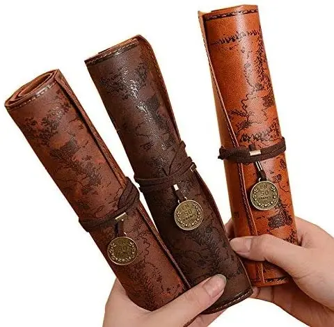 Retro Roll Up Leather Pencil Holder Case Pirate Treasure Map Pattern Pencil Bag Cosmetic Makeup Pouch with Brass Buckle Secured
Retro Roll Up Leather Pencil Holder Case Pirate Treasure Map Pattern Pencil Bag Cosmetic Makeup Pouch with Brass Buckle Secured