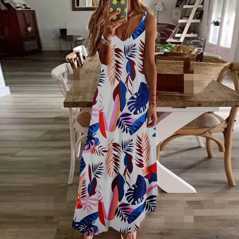 Sexy Maxi Dresses For Women Boho Print V-Neck Floral Sundresses Women Sleeveless Plus Size Dresses For Women 4xl 5xl Summer 2020