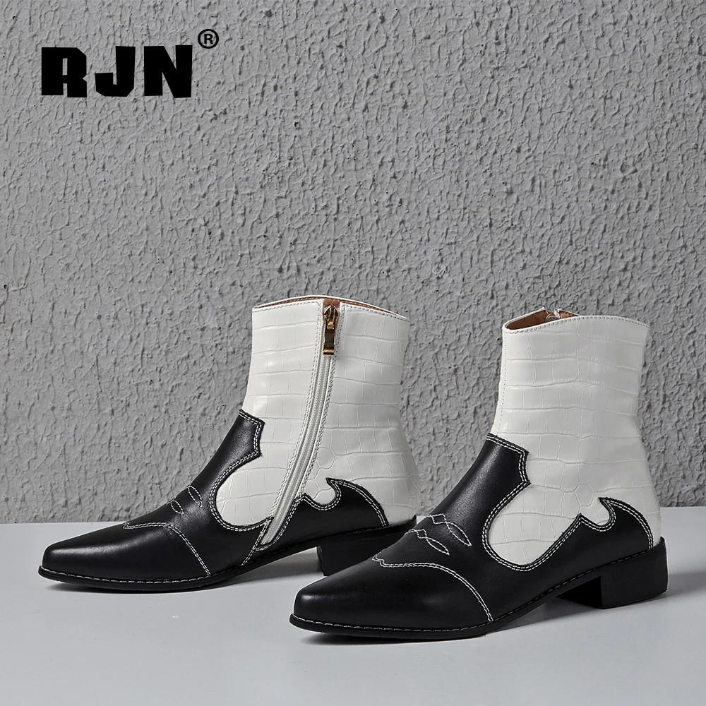 

RJN New Autumn Ankle Boots Stylish High Quality Cow Leather Mixed Color Chelsea Boots Pointed Toe Low-heel Shoes Women RO361