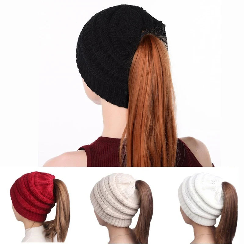 

New Fashion Women Beanie Ponytail Hat Lady Beanie Tail Messy Soft Bun Knitted Cap Skull Stretchy Winter Warm Stretchy Knit Hats