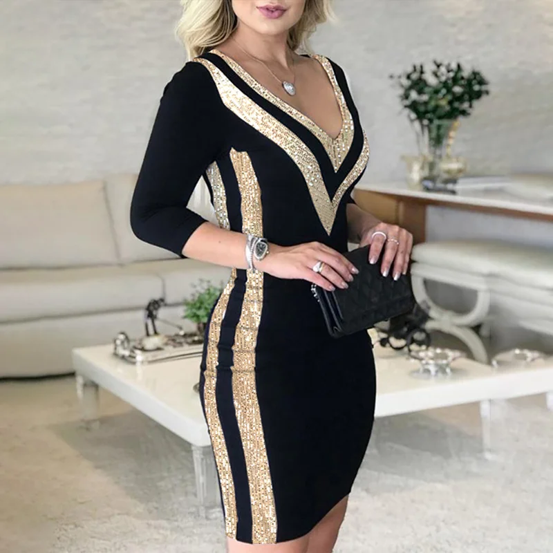 Leopard Print Sequins V-Neck Women's Dress Striped Patchwork Contrast Color Three Quarter Sleeve Sheath Sexy Party Lady New Year
Leopard Print Sequins V-Neck Women's Dress Striped Patchwork Contrast Color Three Quarter Sleeve Sheath Sexy Party Lady New Year