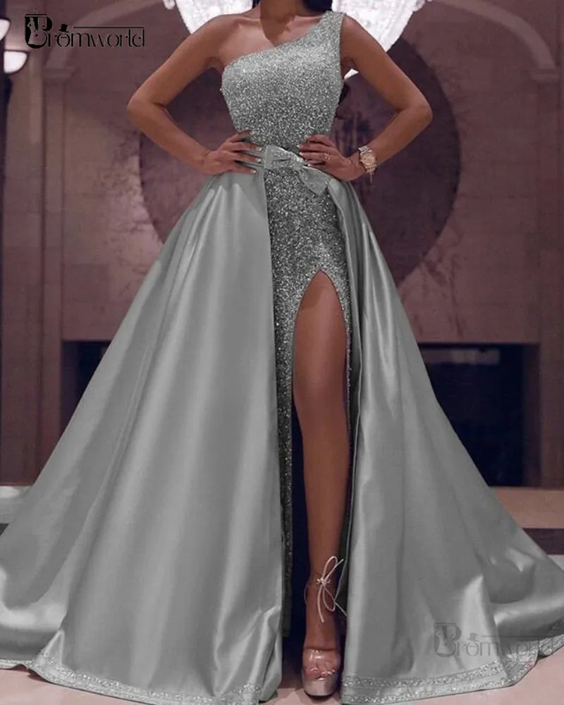 

Gray One Shoulder Sexy Mermaid Sequin Prom Dresses Long High Slit Prom Gown Vestidos De Fiesta Largos Elegantes De Gala