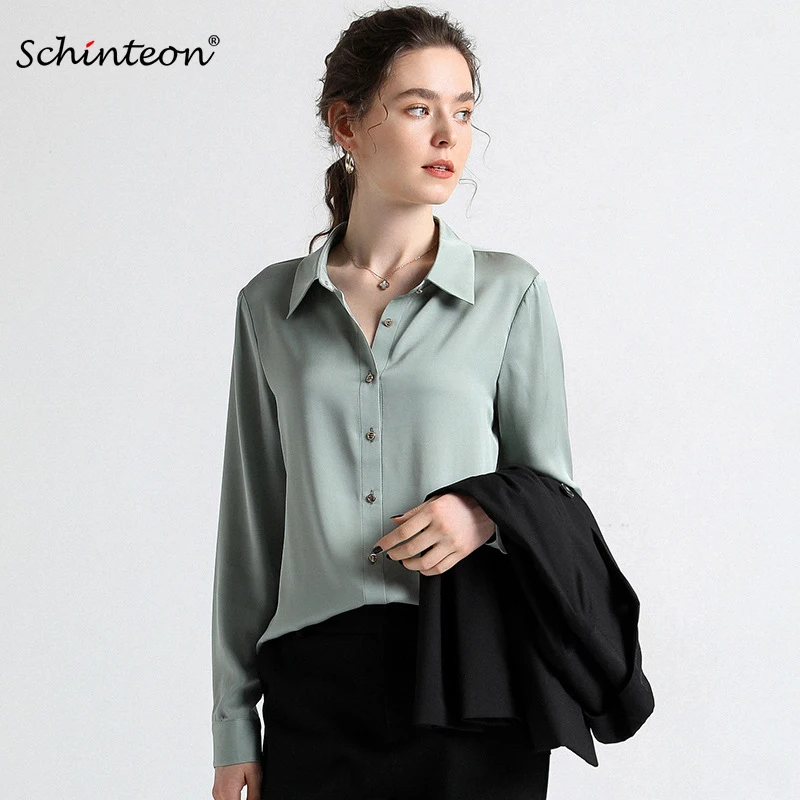 2021 Schinteon Женская 100% рубашка из натурального шелка однотонная офисная блузка с
