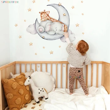 코끼리 기린 벽 스티커 아이 방 벽 장식 비닐 동물 패턴, 달 어린이 벽 스티커 어린이 방