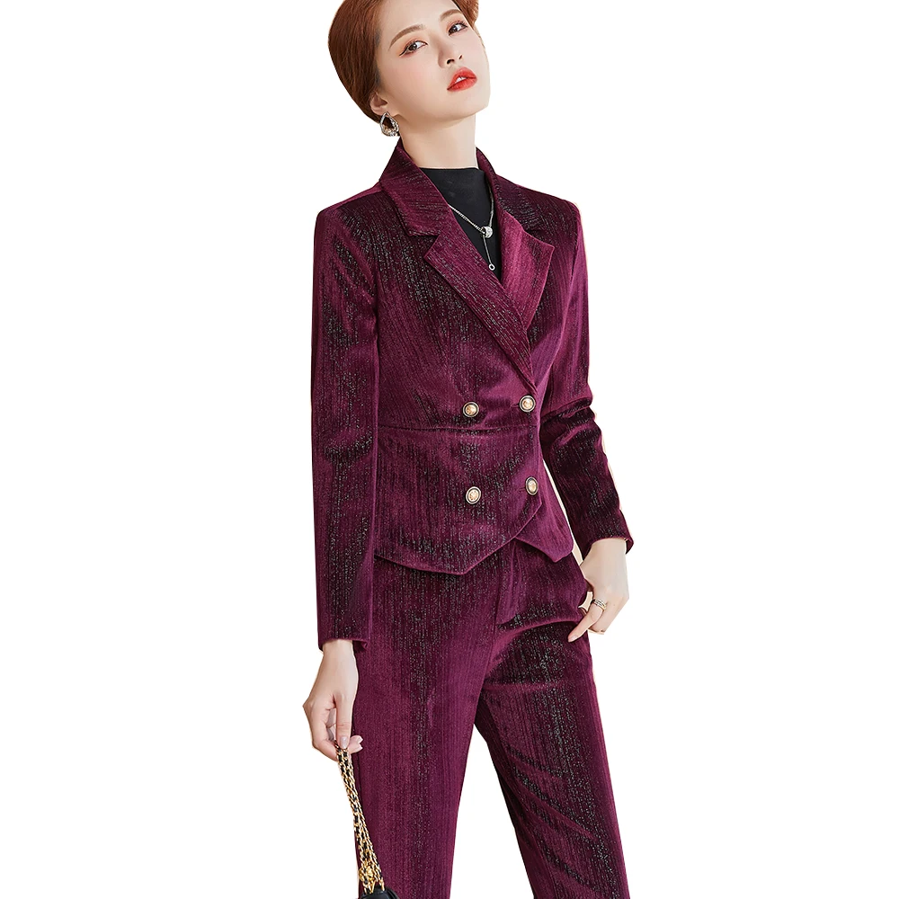 New Arrival Wine Blue Black Ladies Pant Suit Velvet Short Blazer Jacket And Trouser Women Female Formal Office Work 2 Piece Set
New Arrival Wine Blue Black Ladies Pant Suit Velvet Short Blazer Jacket And Trouser Women Female Formal Office Work 2 Piece Set