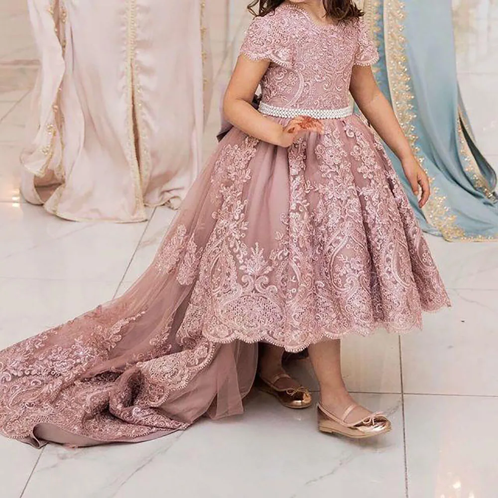 

Lilttle Kids Birthday Pageant Gowns Luxurious Lace Beaded Pearls Tutu Ball Gown Hi-Lo Flower Girl Dresses Fashion Tulle Elegant