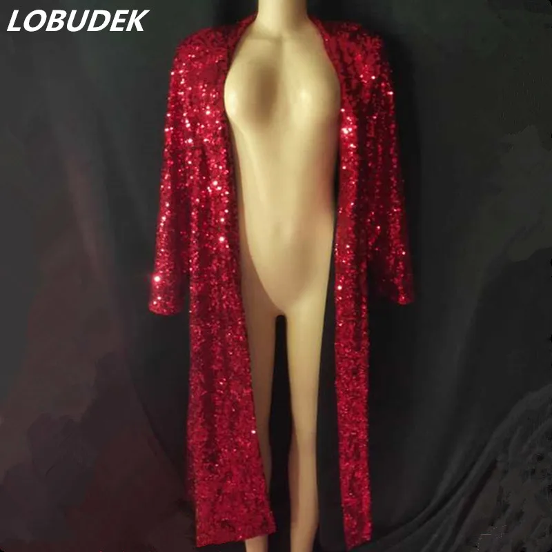 

Shiny Red Silver Sequins Long Coat Women Singer Bar Nightclub Concert Stage Overcoat Costume Plus Size Sequined Cloak