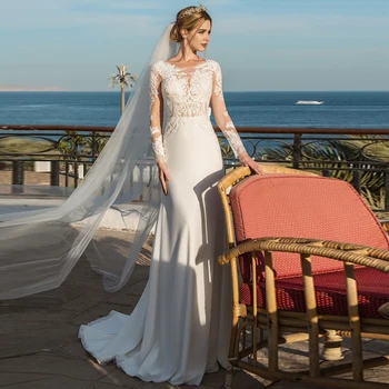 Verngo Elegant Lace And Soft Satin Mermaid Wedding Dress Long Sleeves Bride Gowns 2021 Vestido de noiva Custom Made 
Verngo Elegant Lace And Soft Satin Mermaid Wedding Dress Long Sleeves Bride Gowns 2021 Vestido de noiva Custom Made