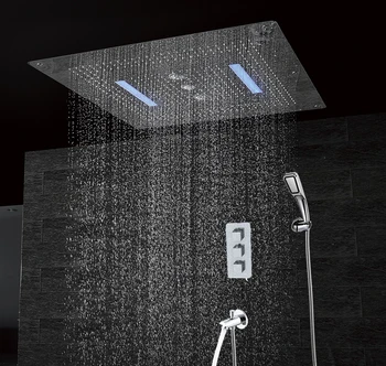 

Concealed Ceiling Bathroom Shower Set 800*800mm Electric LED Big Rainfall Waterfall Swirl Curtain Shower Brass Spout+Hand Shower