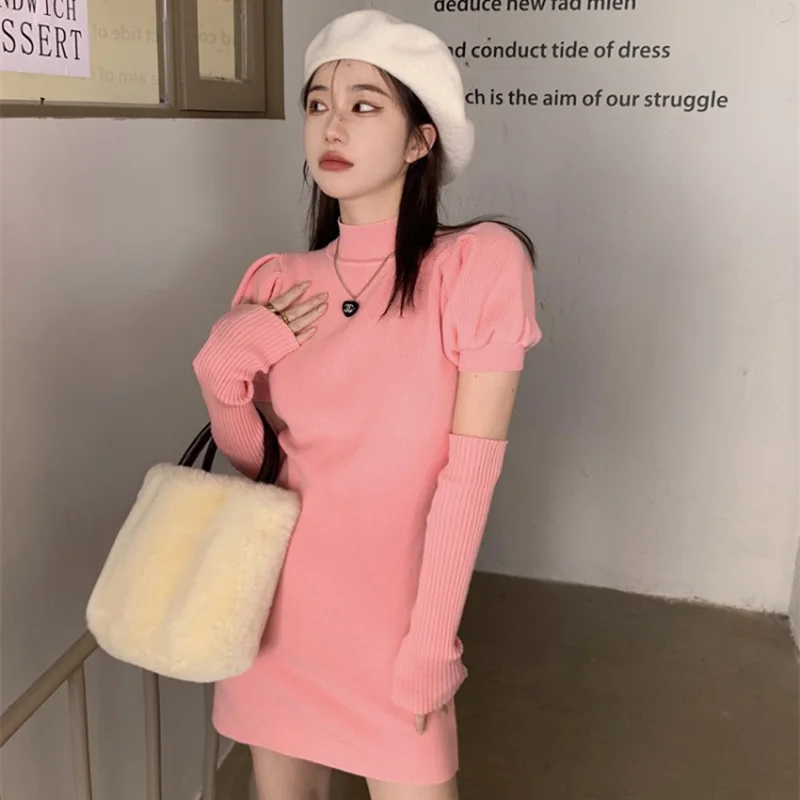 

Women Winter Fall Bodycon Dress 2022 New Puff Sleeve Knitted Dresses Solid Elegant Casual Pullover Party Vintage Mini Vestido