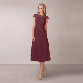 Hot Sale Delicate Cabernet Short Lace Cap Sleeve Mother of the Bride Dresses Boat Neck Tea Length Wedding Guest Gowns Tier Skirt
Hot Sale Delicate Cabernet Short Lace Cap Sleeve Mother of the Bride Dresses Boat Neck Tea Length Wedding Guest Gowns Tier Skirt