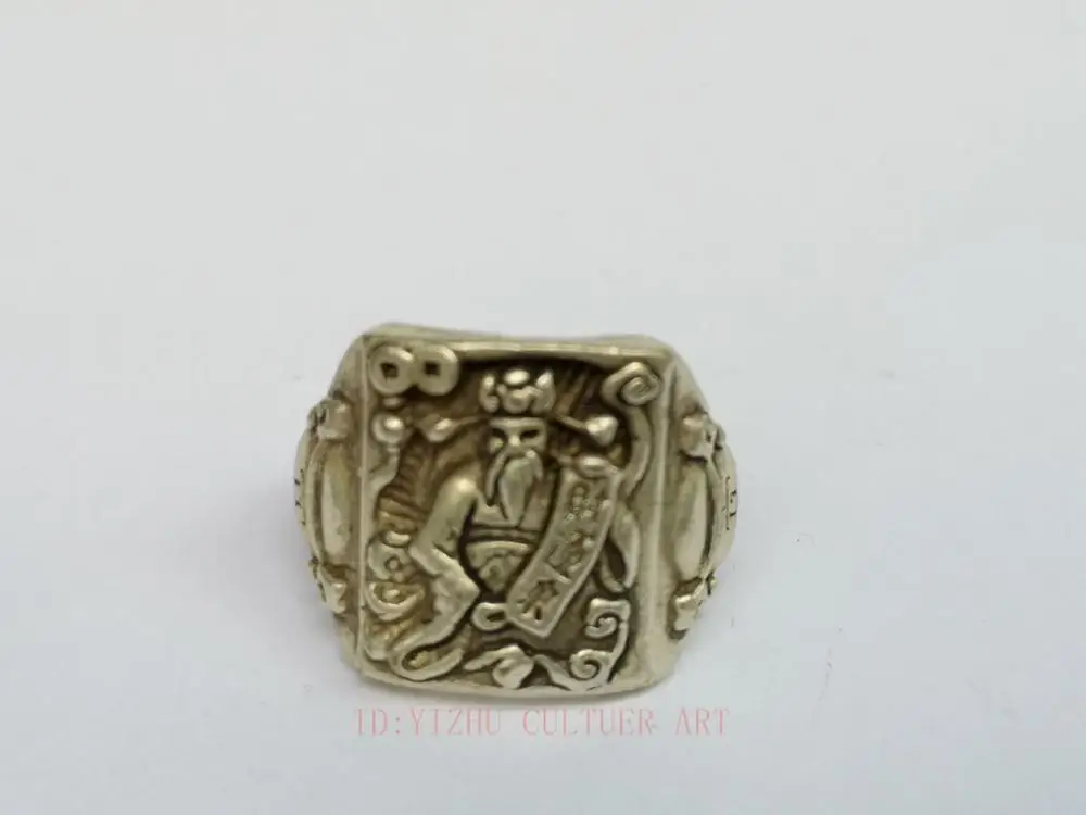 

YIZHU CULTUER ART Old Collection China Tibet Silver Carving God of Wealth Statue Ring Wonderful Decoration Gift