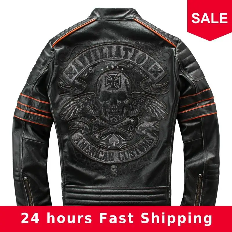 2020 Vintage Black Men Embroidery Skulls Biker's Leather Jacket Plus Size 4XL Genuine Cowhide Slim Fit Motorcycle Coat
2020 Vintage Black Men Embroidery Skulls Biker's Leather Jacket Plus Size 4XL Genuine Cowhide Slim Fit Motorcycle Coat