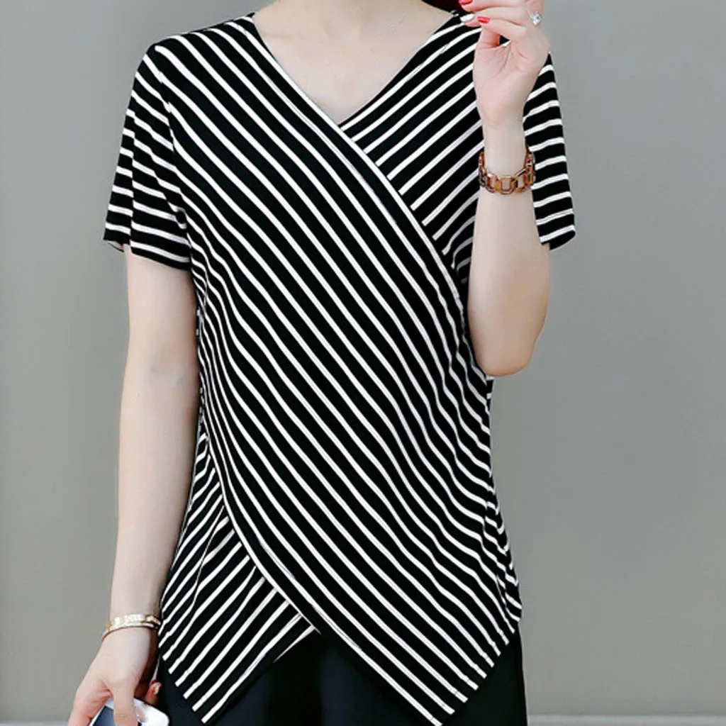 Fashion Ladies' Short Sleeved Lrregularity Shirt With V Neck Stripe Shirt 5.23
Fashion Ladies' Short Sleeved Lrregularity Shirt With V Neck Stripe Shirt 5.23
