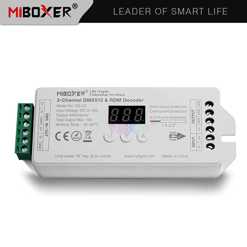 Miboxer D3-CX 3-Channel Constant Voltage DMX512 & RDM Decoder DC12~24V 3CH 6A/Channel Max. 18A Digital Display controller
Miboxer D3-CX 3-Channel Constant Voltage DMX512 & RDM Decoder DC12~24V 3CH 6A/Channel Max. 18A Digital Display controller