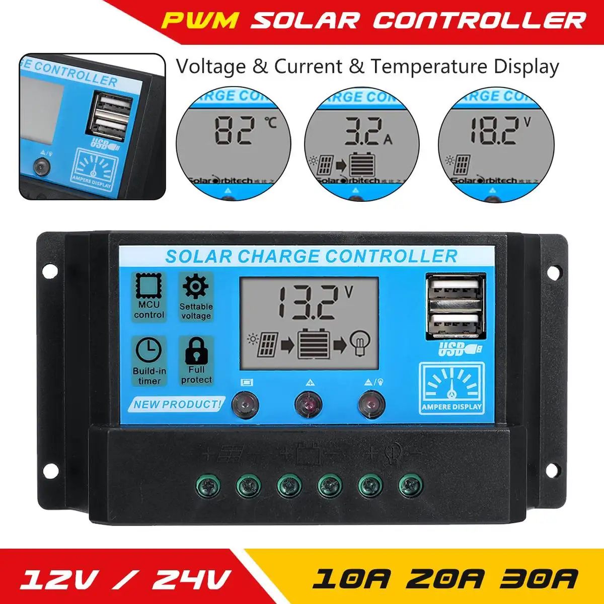 1pc Solar Charger Controller 30A/20A/10A 12V 24V Battery Charger LCD Dual USB Solar Panel Regulator for 5V Input Solar Contro 
1pc Solar Charger Controller 30A/20A/10A 12V 24V Battery Charger LCD Dual USB Solar Panel Regulator for 5V Input Solar Contro