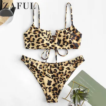 

ZAFUL Bikini Sets V-wired Lace-up Tiger Print Bikini Swimsuit High Cut Leopard Women Bathing Suit Animal Print Sexy Swimwear