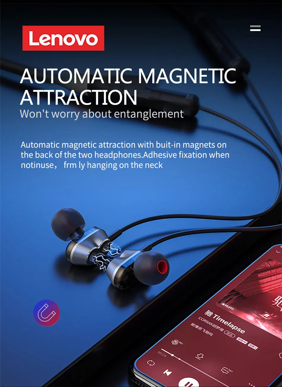 Gadgetoo Lenovo He08 Dual Dynamic Neckband Wireless In Ear Earphones