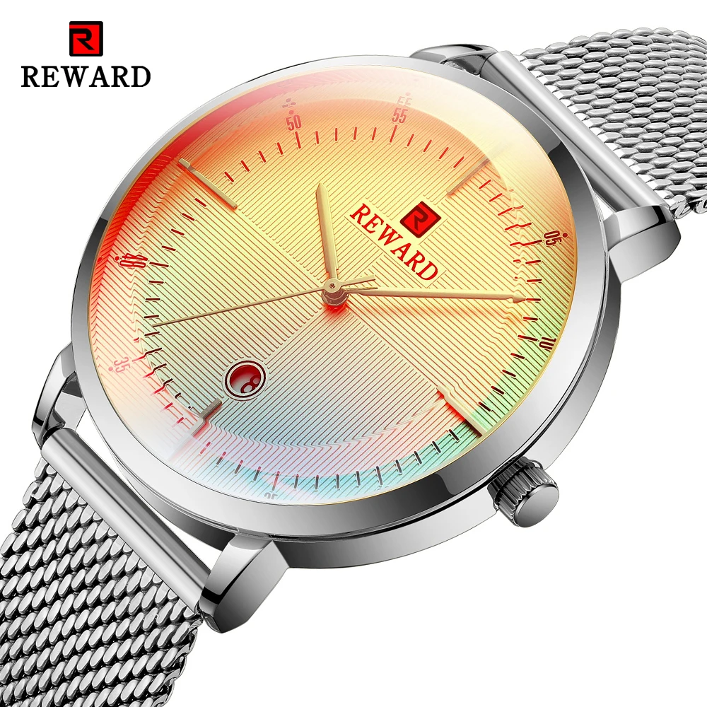REWARD New Watch Fashion Men Silver Stainless Steel Quartz Wrist Watch Mens Waterproof Calendar Color Bright Glass Watches
REWARD New Watch Fashion Men Silver Stainless Steel Quartz Wrist Watch Mens Waterproof Calendar Color Bright Glass Watches