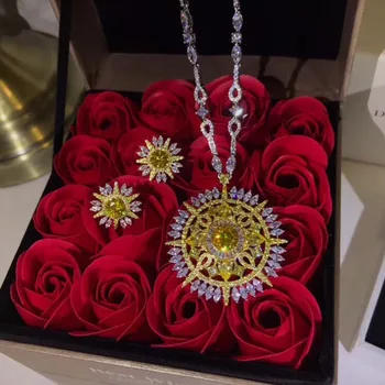 S925 Sterling Silver Sun Flower Necklace and Earrings Jewelry Set for Women 
S925 Sterling Silver Sun Flower Necklace and Earrings Jewelry Set for Women