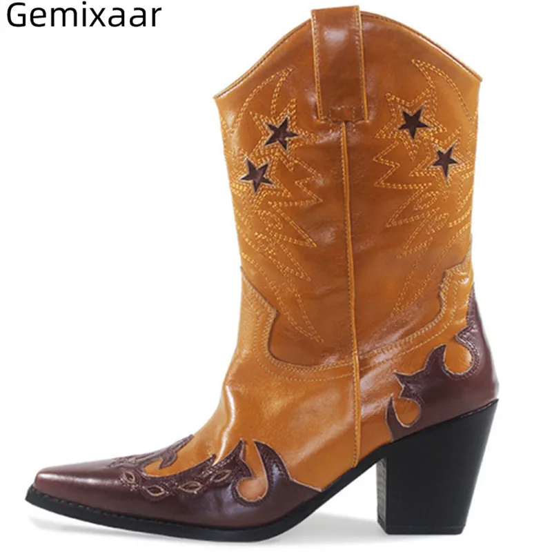 Boots Women Mixed Patchwork Design Decor Cut-out-stars Point Toe Chic Square Heel Slip On Fashion Walking Shoes Woman Boots 42