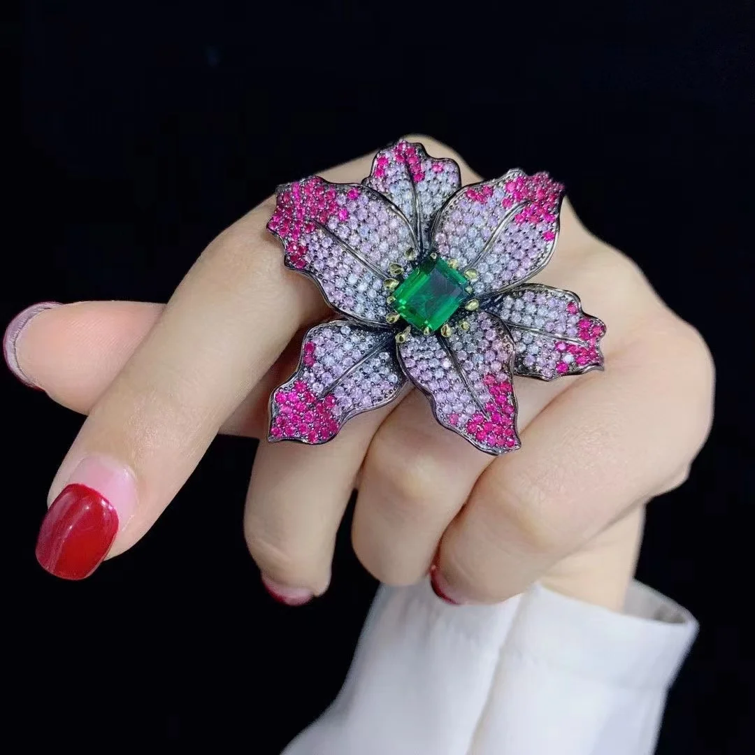 

big flower ring 925 sterling silver with cubic zircon fine women jewelry for party wedding free shipping adjustable size